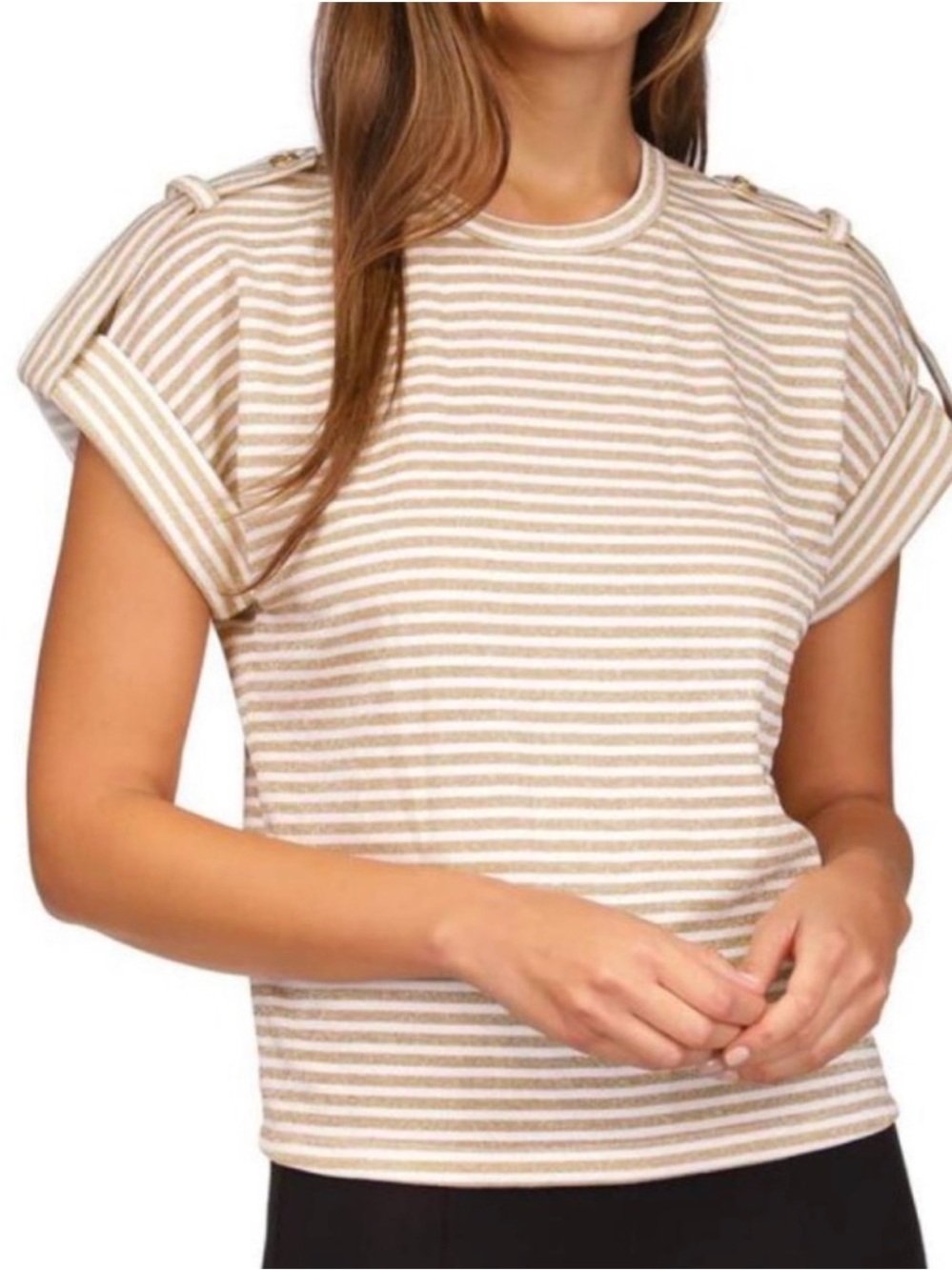 Michael Kors Metallic-Striped Short Sleeve Top- Color(Gold & White)NWOT